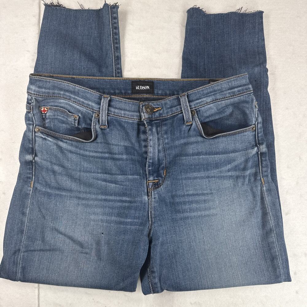 Hudson Jeans Women's 31 Blue Mid-Rise Nico Skinny Denim Crop Medium Wash Worn